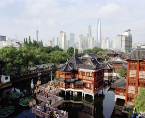 Shangai's Yu Gardens and Pudong Skyline