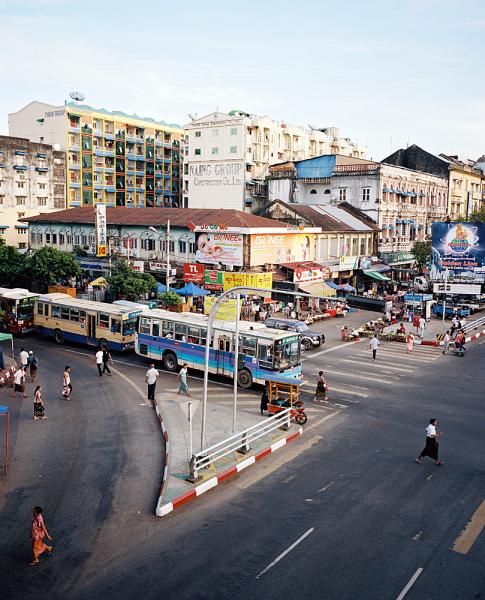 A busy intersection near the Sule Pagoda in Yangon, Myanmar.