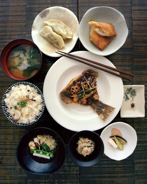 Gohanya Haruya Restaurant, Sapporo, Japan.1) TAKO-MESHI (=octopus rice)2) OHITASHI (=boiled vegs)3) Home Made Dumplings4) Shrimp Spring Roll5) OKARA (=soybean fiber)6) Pickles7) Miso soup8) Fish (changes everyday)