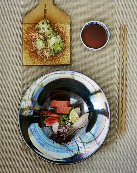 Tempura Tazawa Restaurant Hakkodate Hokkaido Japan.Sashimi-AMAEBI = Northern Shrimp-Flatfish-Tana (Toro)with fresh wasabi and soy sauce.