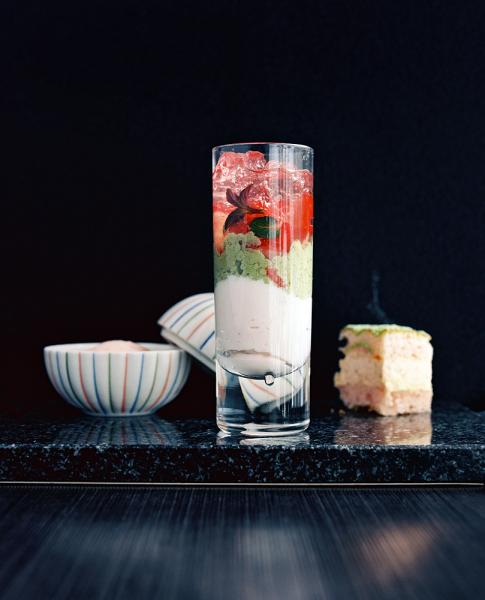 Takinoya Ryokan in Noboribetsu Japan.Dessert from left-SWEET SAKE sherbet-Strawberry mousse with Green tea/ strawberry gelee and AMAO strawberry-Cherry dacquise