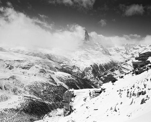 The iconic Matterhorn during a winter storm in Zermatt, Switzerland.