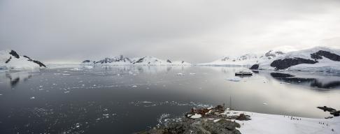 A panoramic view of Brown Station and Paradise Harbour, in the Antarctic Peninsula.