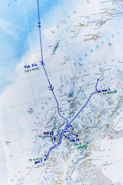 Map of the progress of the Antarctic trip.
