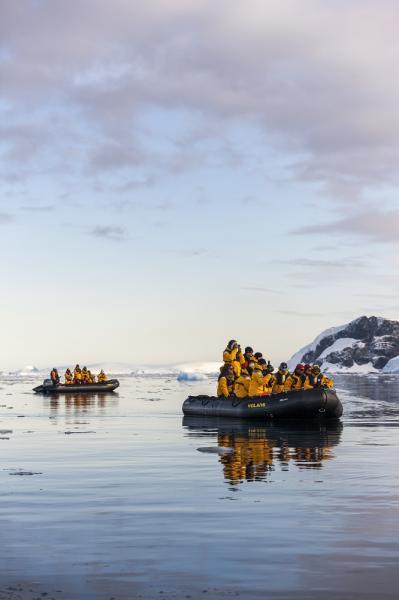 Zodiac trip to look for whales and penguins in Antarctica.