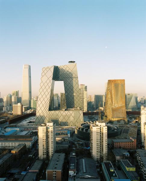 The CCTV building, designed by Office for Metropolitan Architecture (OMA) partners Ole Scheeren and Rem Koolhaas in Beijing, China.