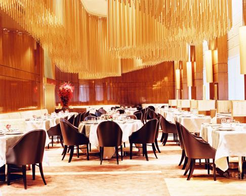 French fine-dining restaurant Amber, in the Mandarin Oriental Landmark hotel in Hong Kong. Interiors were designed by Adam Tihany and the Executive Chef is Richard Ekkebus. It has received two Michelin Stars for its excellent cuisine.