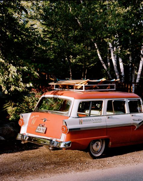 The Hidden Pond Resort, near Kennebunkport, Maine. Pictured here is their car that advertises the resort, complete with wooden old-school surfboard on the roof.