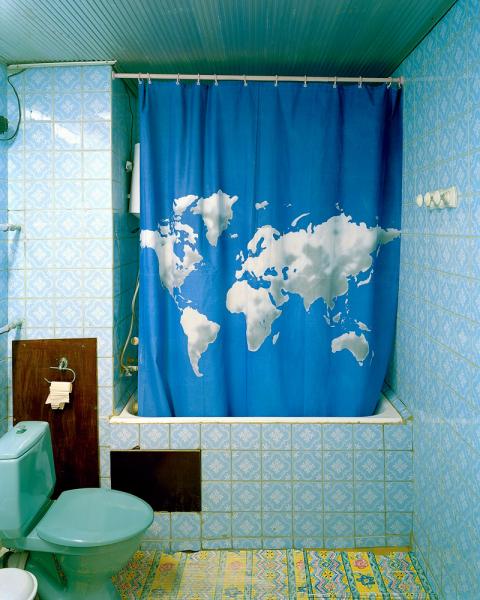 A worldly shower curtain at the Hotel Avesta in Dushanbe, Tajikistan.