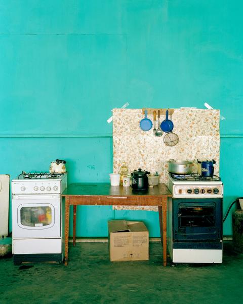 The kitchen in Hotel Aralsk, in Aralsk, Kazakhstan. Note that the stove is being used as a cupboard. The Aral Sea has all but disappeared as a result of intentional draining during the Soviet era to irrigate cotton crops in what is now Uzbekistan.